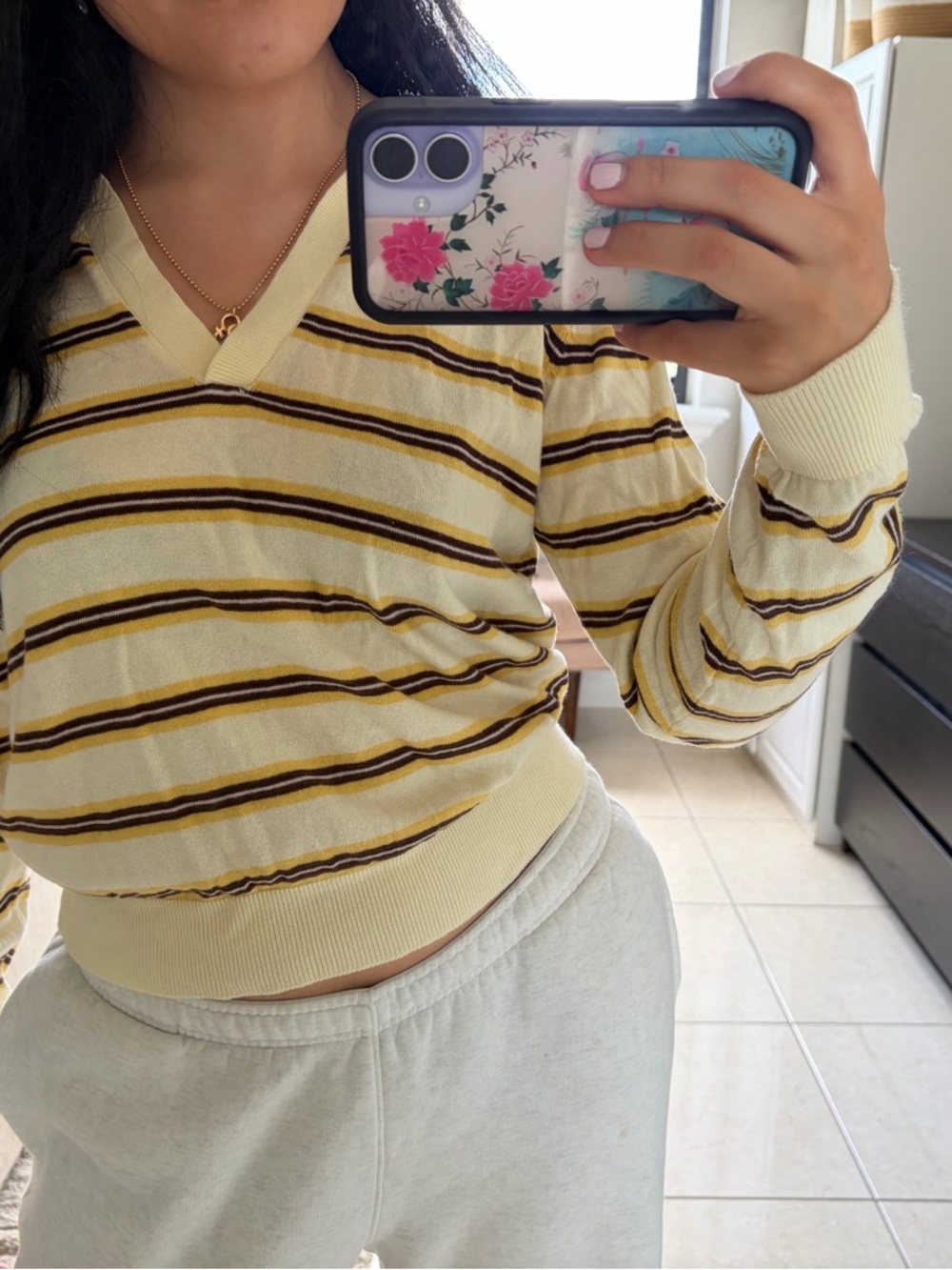 Yellow Striped V-Neck Women's Sweater